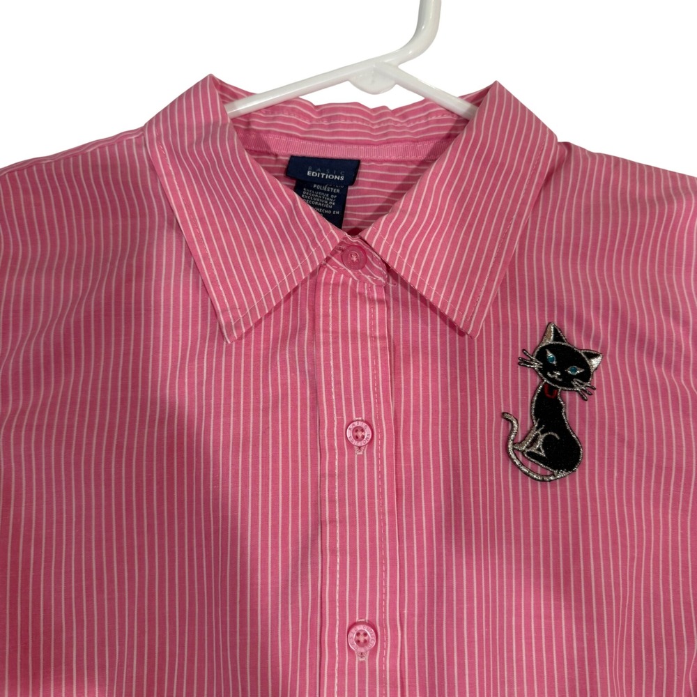 Cottagecore Catcore Cat Pink Y2K Striped Button Up Shirt Preppy Long Sleeve L